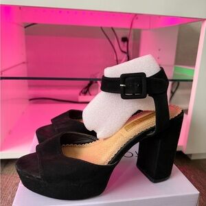 Liliana Black Suede Platform Block Heel Sandals with Ankle Buckle